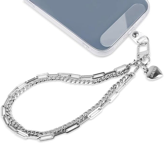 AULEEP Phone Chain Wristlet Strap,Double Metal Phone Charm with Tether Tab,Detachable Cellphone Wrist Strap Universal Silver Hands-free Anti Theft Hand Chain by AULEEP