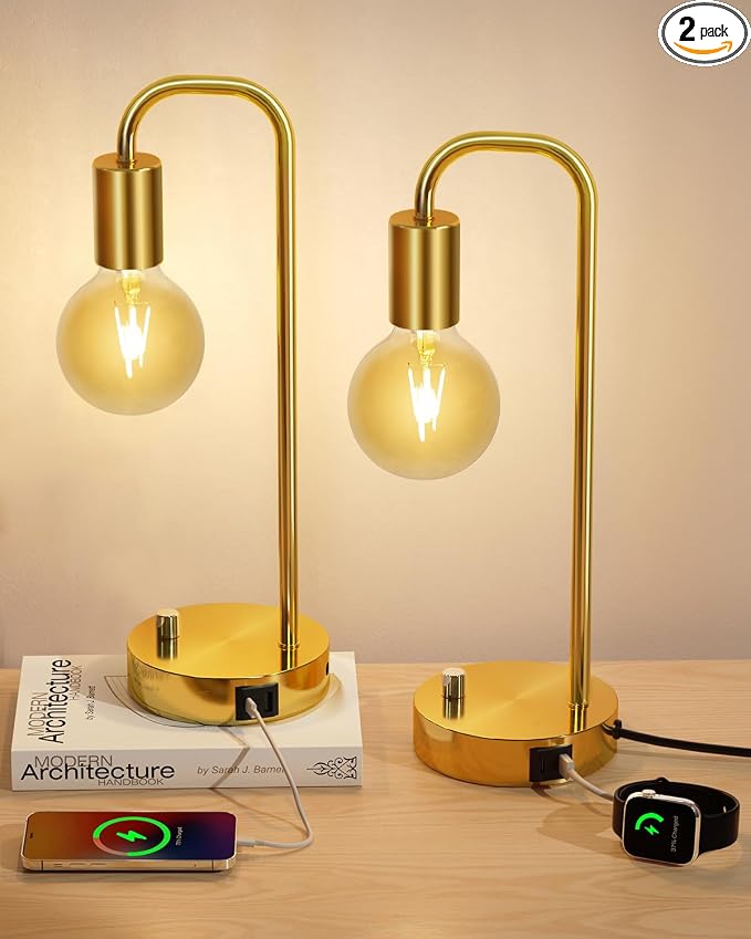 ONEWISH Industrial Table Lamp Set of 2 with USB A&C Charging Port, Stepless Dimmable Nightstand Bedside Lamps for Bedroom,Desk Lamps with 2700K Gold Gradient Bulb for Reading Living Room by onewish