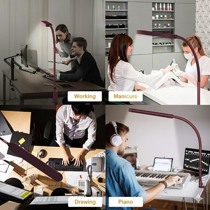 SKYLEO LED Desk Lamp - Desk Light for Home Office - Flexible Gooseneck - 5 Color Modes X 11 Brightness Levels - 1300LM - Timmer & Memory Function - 12W Clip on Light - Red - Image 6