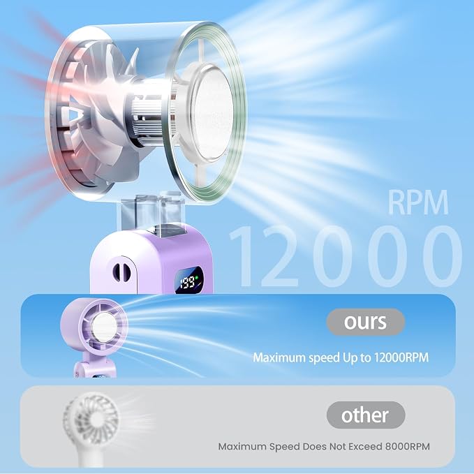 Handheld Fan, Portable Handheld Fan with Ice Function, mini personal fan, Turbo Powerful Rechargeable Fans,1-199 Speed, Foldable, for Women Men Outdoor Indoor travel essentials(Purple) - Image 2