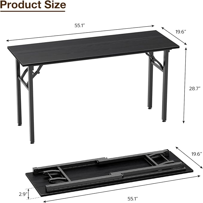 TEMI Long Computer Desk Folding Table - 55.1" Foldable Office Desk, No Assembly, Perfect Writing Table for Bedroom or Apartment, Portable Large Desk or Study Table with Compact Design, Dark Oak - Image 3
