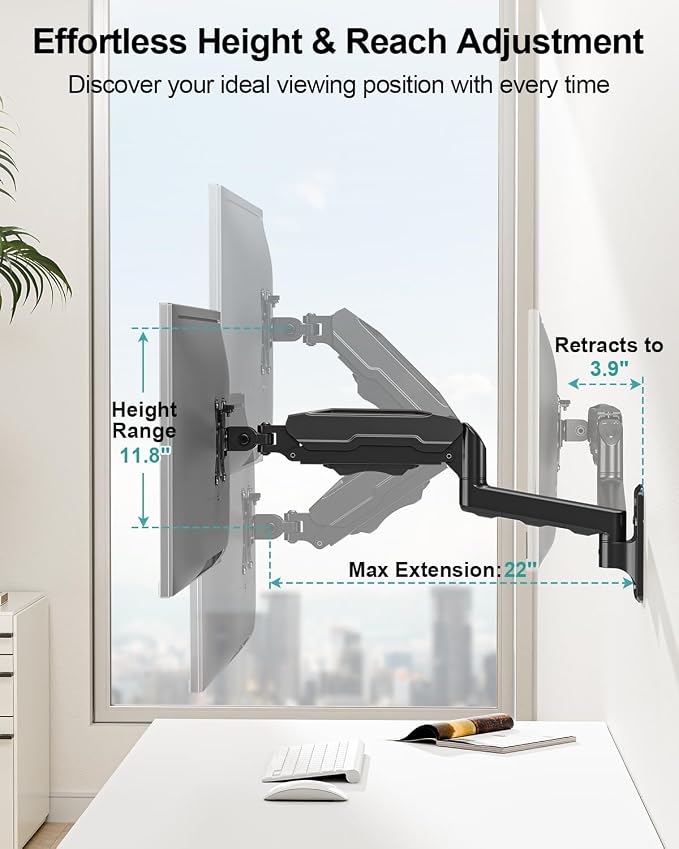 MOUNT PRO Single Monitor Wall Mount for 13 to 32 Inch Computer Screens, Height Adjustable Wall Mount Monitor Arm Holds Up to 19.8lbs, Full Motion Wall Bracket, VESA Mount 75x75, 100x100, Black - Image 8