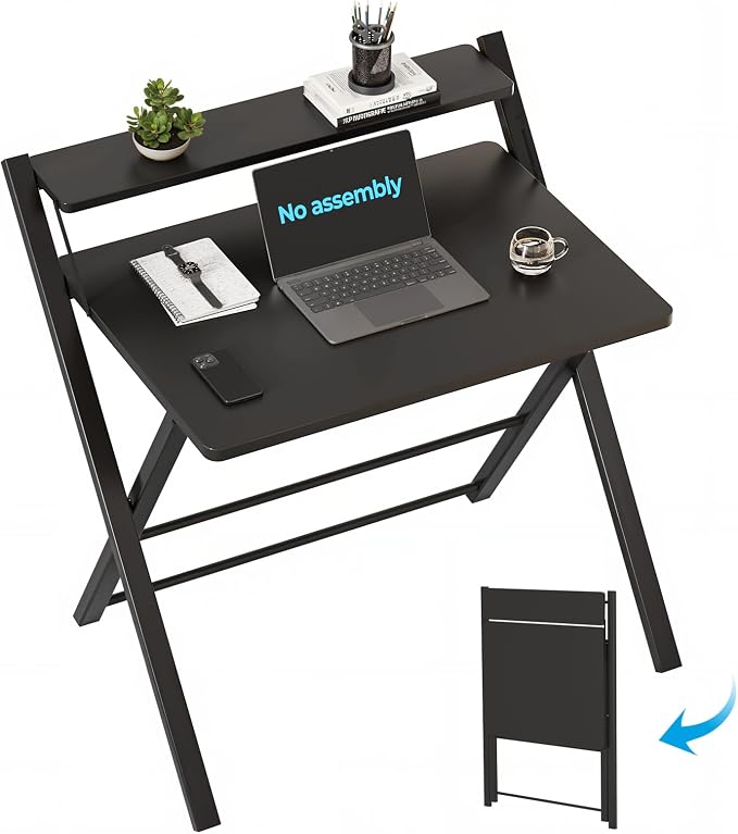 GreenForest Folding Desk No Assembly, Sturdy Computer Desk for Small Spaces | Portable Foldable Table for Laptop, 2-Tier Compact with Shelf, Space Saving for Home Office, Dorm, Apartment 24.5"x 30" Black by GreenForest