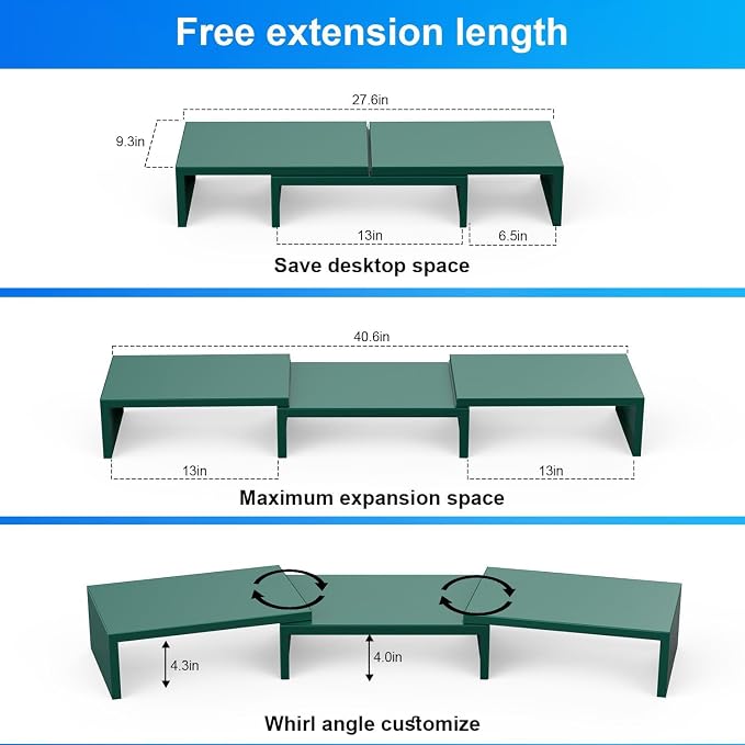 Dual Monitor Stand for Desk, Metal Computer Stand, Desk Shelf Riser,Desktop Organizer for Home and Office Use (Green) - Image 3