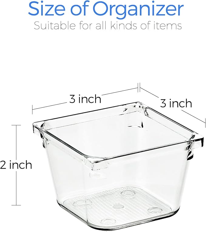Ravinte 6 Pack Drawer Organizer - 3" X 3" Plastic Storage Bins, Acrylic Organizers with Non-Slip Pads Clear Desk Storage Tray for Makeup, Jewelries, Kitchen Utensils, Bathroom and Office | Acrylic Tray Design, Non-Slip Pads, For Makeup, Jewelry, Kitche... - Image 3
