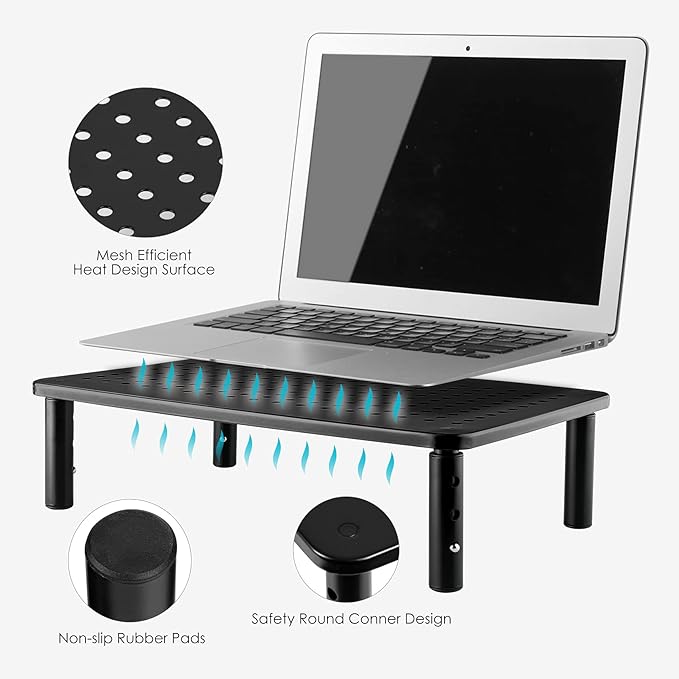 LOTEYIKE Monitor Riser Desktop Stand, Flat Screen TV Monitor Stand Riser, Sturdy Metal Laptop Computer Monitor Stand Shelf for Printer, iMac, 3 Height Adjustable PC Stand with Mesh Platform - Image 3
