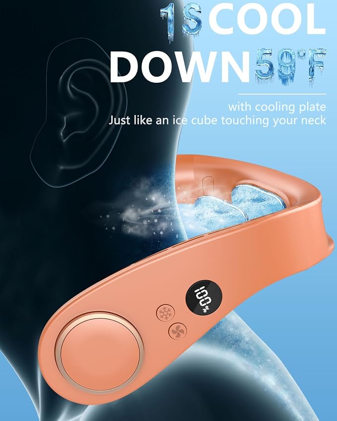 Neck Air Conditioner with Metal Cooling Plate, 5500mAh Batteries & LED Display, Silent Wearable Personal AC Unit, Bladeless Headphone Fan for Hot Flash Relief for Women Men Adults Outside, Orange - Image 2