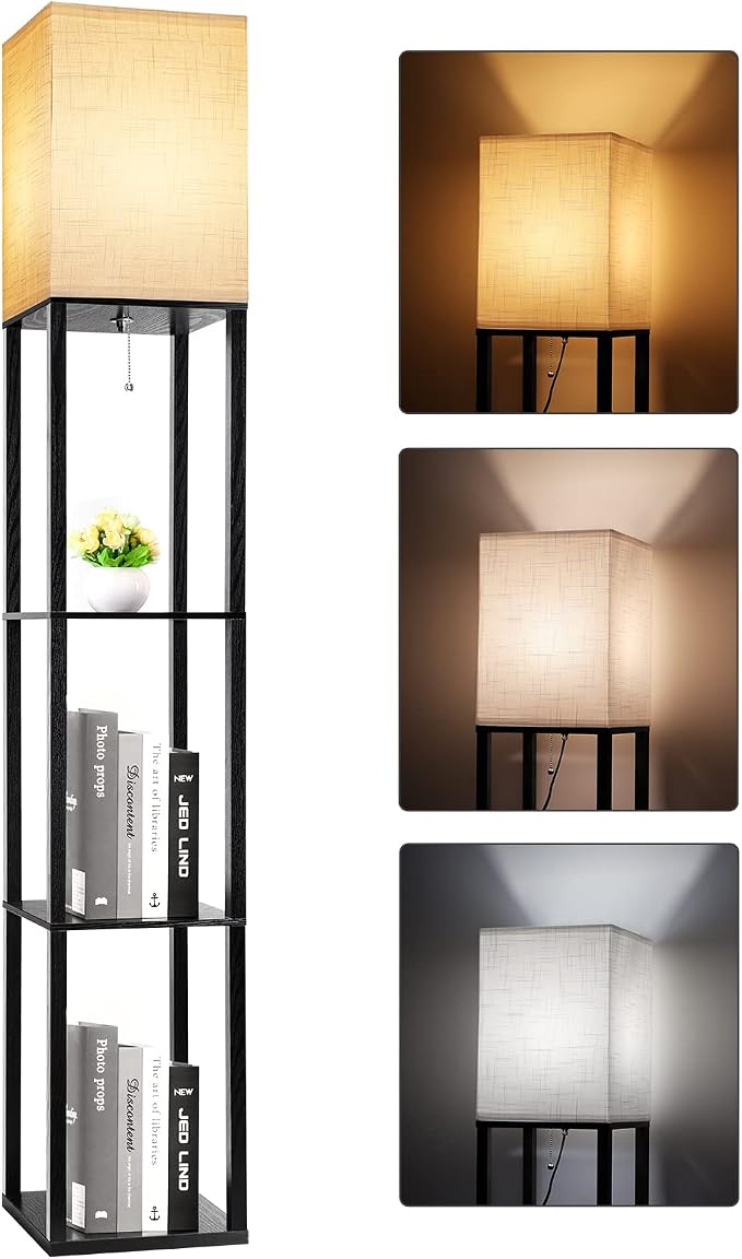 RUNTOP Floor Lamp with Shelves, Shelf Lamp with 3 Color Temperature LED Bulb,Floor-Lamp for Living Room, Modern Tall Standing Display Shelf Floor Lamps for Bedroom, Office (Black) by RUNTOP