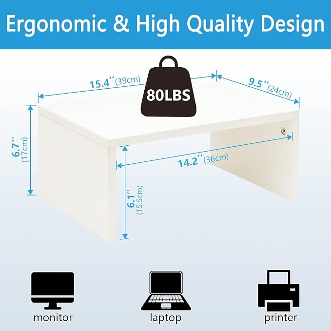 TEAMIX White Monitor Stand - 6.7 inch Tall, Wood Riser, Desk Organization | Laptop/Printer/Computer Stand, Extra Storage Underneath, Minimalist, Modern Design, Smooth White Finish, for Home Office - Image 5