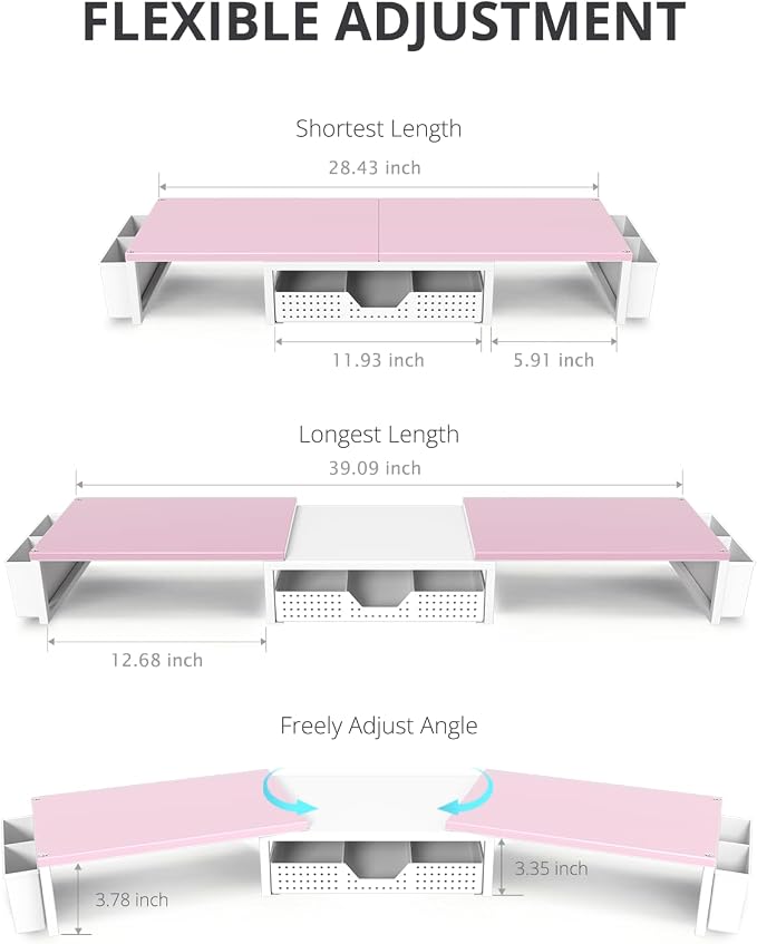 OPNICE Desk Organizers and Accessories, Dual Monitor Stand Riser with Drawer and 2 Pen Holders, Desk Shelf Wood Computer Racks for Office Workspace Organizers, Desktop Organization (Pink-White Wood) - Image 3
