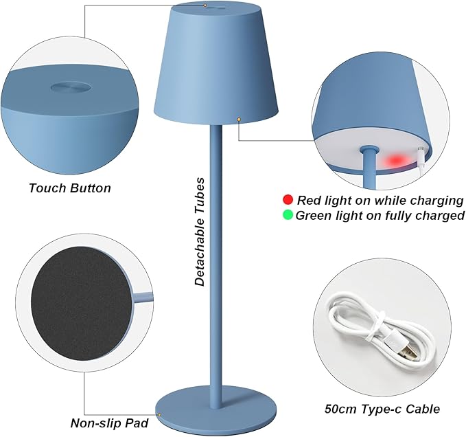 Kakanuo Cordless Table Lamp Rechargeable Blue - KK 2 Pack 5000mAH Battery Operated Lamp for Dining Table, 3 Color Stepless Dimming Wireless Lamp for Counter, Outdoor Patio, Touch Control - Image 4
