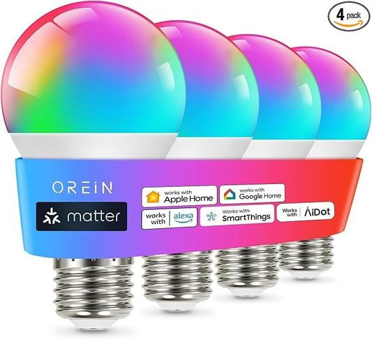 OREiN Matter Smart Light Bulb, Smart Light Bulbs Work with Apple Home, Alexa, Google Home, SmartThings, A19 Color Changing Light Bulbs 2.4Ghz WiFi, 800 Lumens Equivalent 60W 4Pack by OREiN
