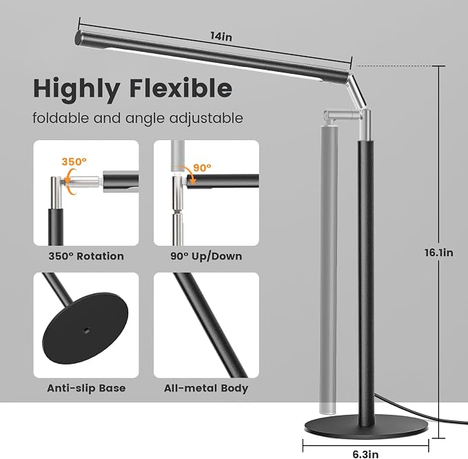 SIBRILLE Metal LED Desk Lamp, 16" Dimmable Desk Light with Base, 15W 1200LM, Adapter Included, Color & Brightness Adjustable, Modern Tall Table Lamp for Home Office Reading Study Task Laptop, Black - Image 3