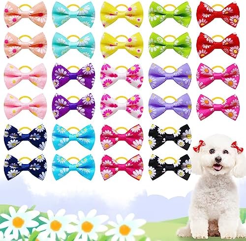 20Pcs/10 Pairs Daisy Yorkie Dog Puppy Hair Bows with Rubber Bands Hair Accessories Bow Pet Grooming Cute Pet Small Hair Bowknot (Daisy) by RSACCSKY