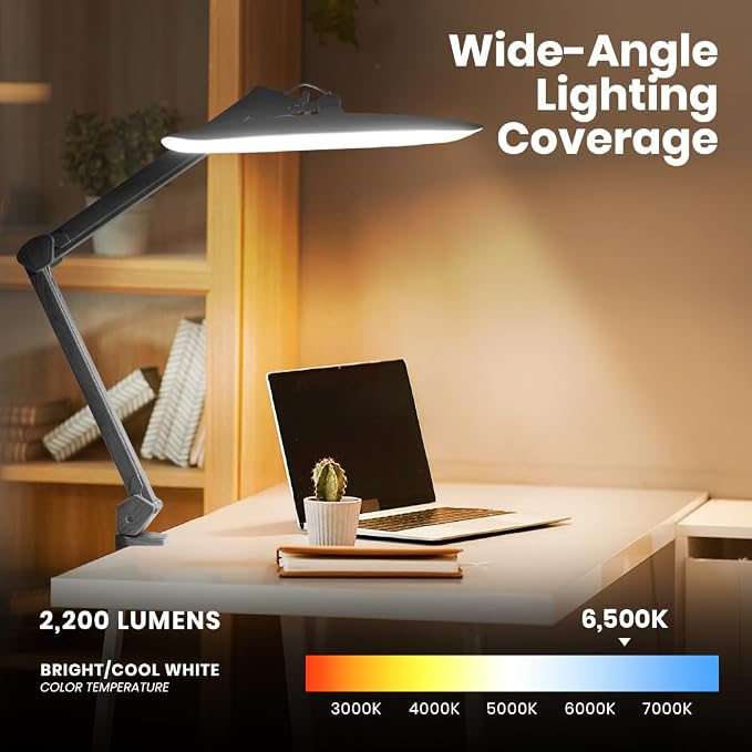 Neatfi XL 2200 Lumens 24W LED Desk Lamp – Shadow-Free Task Lighting | 4-Level Dimming | Home Office & Crafts Use | 20-Inch Wide Head (Gray Wood, Non-CCT with Clamp) - Image 4