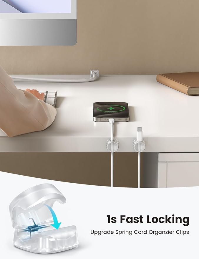 Lamicall 12 Pack Cord Organizer, [1s Lock] Spring Cable Holder Clips | Smooth Adjustable, Adhesive Phone Charger Cable Management Wire Keeper for Nightstand Desk Wall Car Office Home, Clear - Image 2