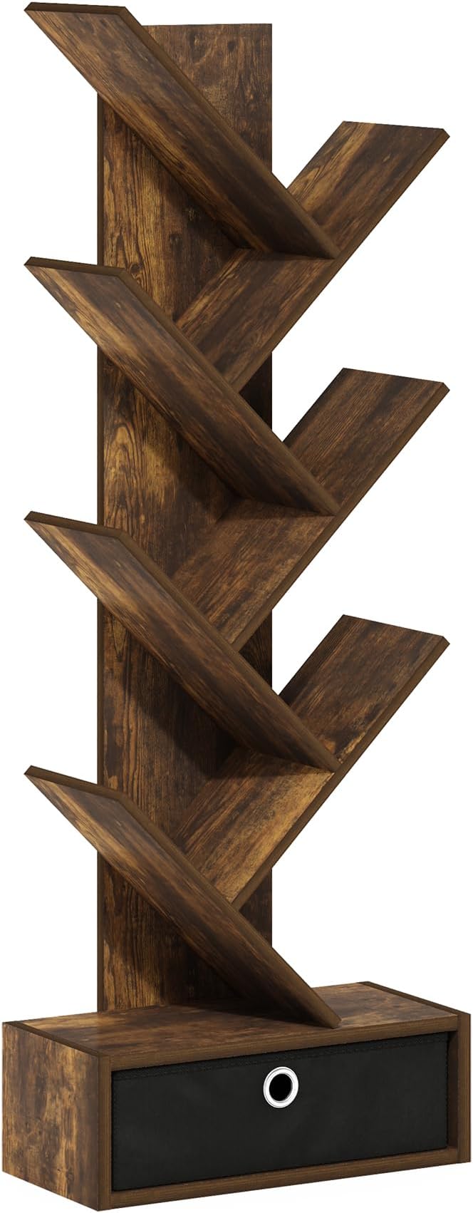 Furinno Tree Book Shelf, 7-Tier Bookshelf, Tree Bookcase with Bin Drawer, 8.4 x 16.9 x 46.2, for Living Room, Bedroom, Home Office, Amber Pine/Black - Image 5