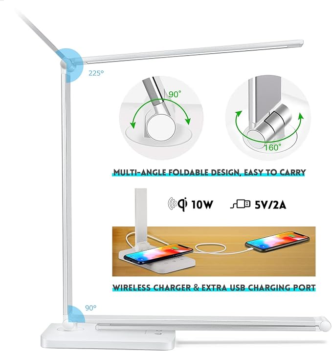 LED Desk Lamp with Wireless Charger, USB Charging Port, Desk Light with 10 Brightness, 5 Color Modes, Dimmable Eye Caring Reading Desk Lamps for Home Office, Touch Control, Auto Timer, White - Image 4