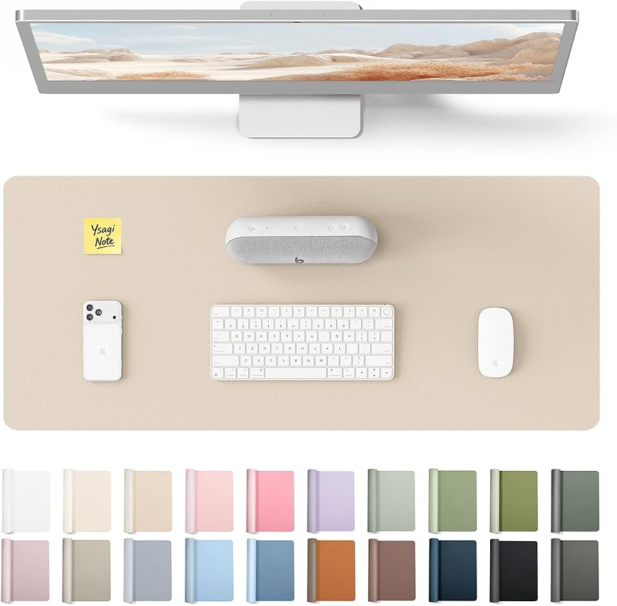YSAGi Leather Desk Pad Protector, Office Desk Mat, Large Mouse Pad, Non-Slip PU Leather Desk Blotter, Waterproof Laptop Desk Writing Pad for Office and Home (23.6" x 13.8", Eggshell) by YSAGi