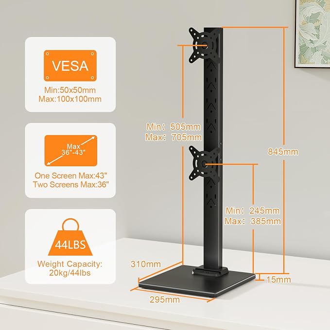 Suptek Dual Monitor Stand with Base- Vertical Stack Screen Free-Standing Monitor Riser Fits Two 13 to 36Inch Screen with Swivel, Tilt, Height Adjustable,50,75 and 100mm Vesa Base Stand - Image 2