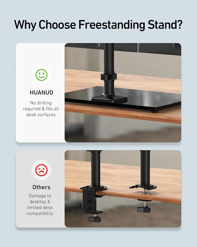 HUANUO Freestanding Dual Monitor Stand, 32 Inch Dual Monitor Mount for 2 Screens, Holds up to 19.8 lbs per Arm, Gaming Monitor Arm Riser with Tempered-Glass Base, Tilt, Swivel, Rotation, Black - Image 7