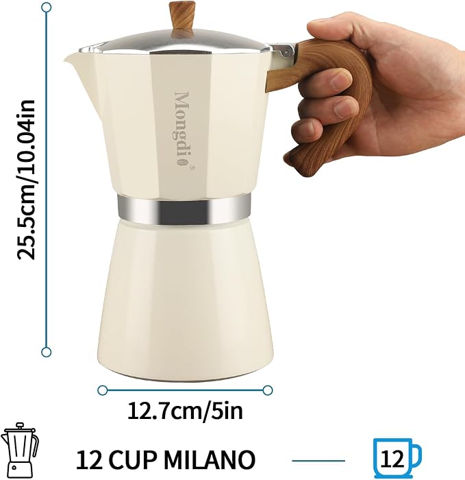 Mongdio Stovetop Espresso Maker Moka Pot, Cuban Coffee Maker Stove top coffee maker Moka Italian Espresso Greca Coffee Maker Brewer Percolator, 12 Espresso Cups, 20 oz - White - Image 5