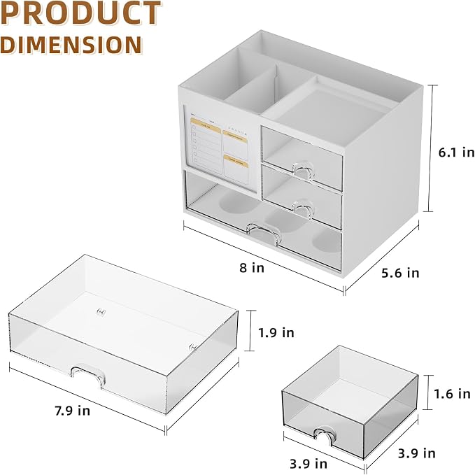 Marbrasse Desk Organizer with 3 Drawer, Multi-Functional Pencil Pen Holder for Desk, Desk Organizers and Accessories with 4 Compartments, Desktop Organizer Storage for Office Home Art Supplies (White) - Image 4