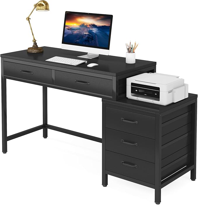 Tribesigns Computer Desk with 5 Drawers, Reversible Home Office Desks | Small Desk with Drawer Cabinet Printer Stand, PC Desk with Storage, Black Study Writing Table Workstation for Small Spaces - Image 8