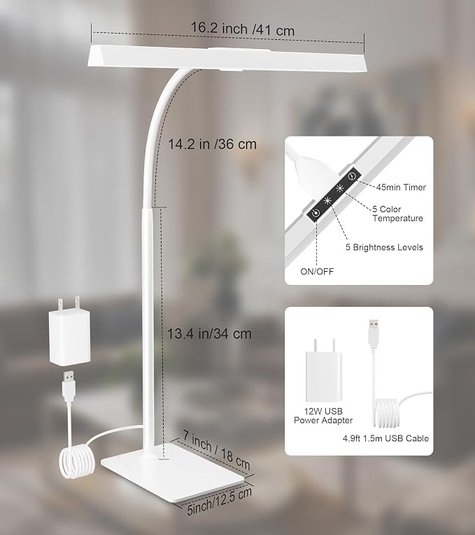 LED Desk Lamp for Home Office with Base, Eye-Caring Desk Light 12W | Tall Lamp for Computer Monitor Task Reading, Adjustable Gooseneck, 5 Dimmable Brightness & Color, Touch Control, Timer - Image 9