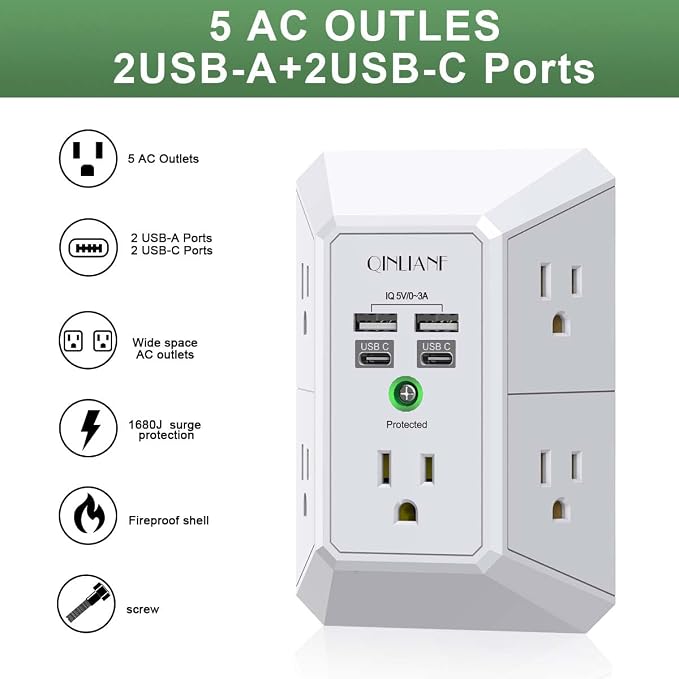 USB Wall Charger, Surge Protector, QINLIANF 5 Outlet Extender with 4 USB Charging Ports(2U2C) 3-Sided 1680J Power Strip Multi Plug Outlets Wall Adapter Spaced for Home Travel Office, White - Image 3