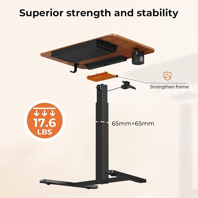 28" Mobile Standing Desk with Drawer, Portable Laptop Desk | Rolling Desk with Cup Holder and Hooks, Height Adjustable Computer Cart with Storage, Lockable & Hidden Wheels, Dark Wood - Image 5