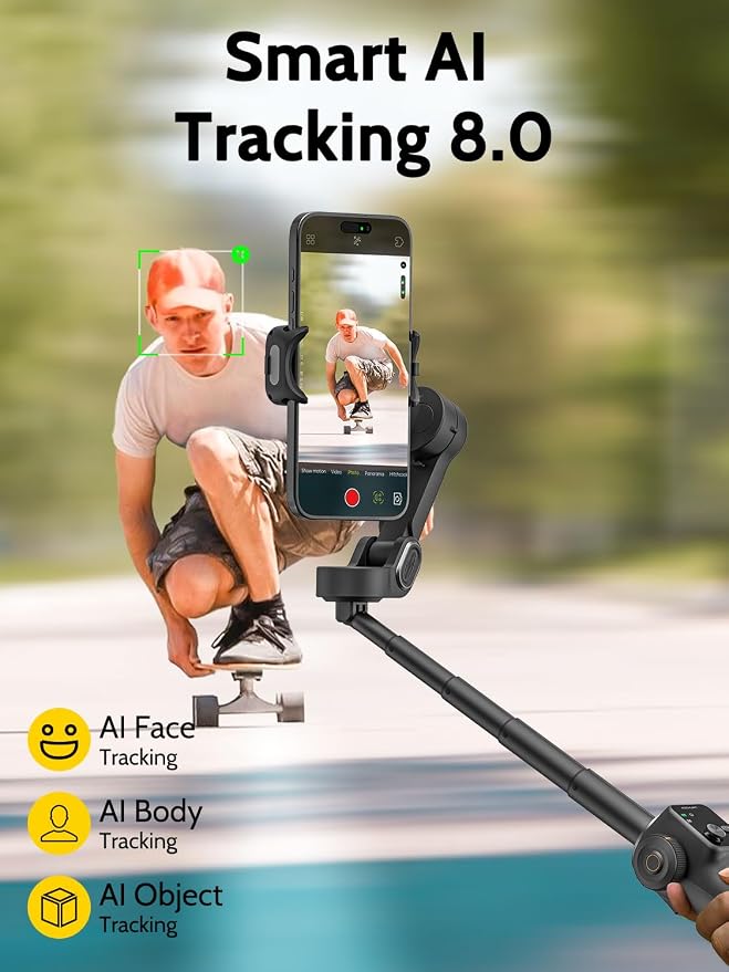 AOCHUAN 3-axis Gimbal Stabilizer for iPhone w/Built-in 7.8' Extension Rod, Smartphone Gimbal w/AI Tracking, Portable Phone Holder for iPhone & Android w/Full-Screen OLED Display, Smart V8(Black) - Image 3