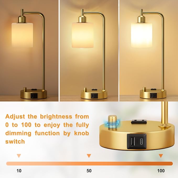 Innqoo Industrial Table Lamps for Bedroom Set of 2 - Fully Dimmable Bedside Lamps with USB Ports and Outlet, Gold Nightstand Lamps with Opal Glass Shade for Living Room, Desk Lamps for Office Reading - Image 2