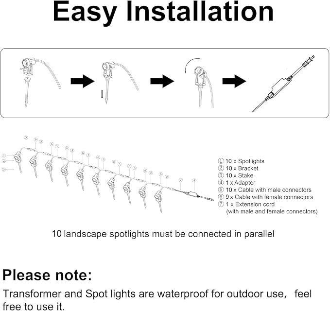 SUNTHIN Outdoor Landscape Lighting, 10 Pack Outdoor Spot Lights with Transformer for Yard, Plant, Lawn, Tree, Flags, House, Garden, Fence Use, IP65 Waterproof & Connectable - Image 6