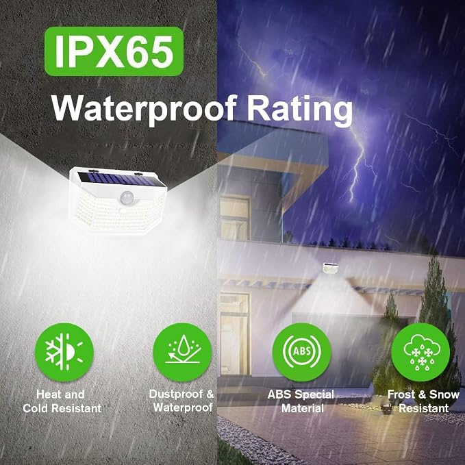 HMCITY 120 LED Outdoor Solar Lights with Motion Sensor and 3 Lighting Modes, IP65 Waterproof Wide Solar Wall Lights Ideal for Garden Patio Yard (Front Button 4Packs, White Shell-Daylight White) - Image 5