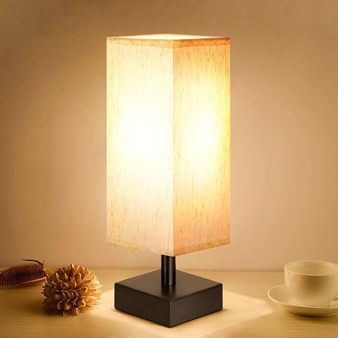 aooshine Small Bedside Table Lamp for Bedroom - Square Cream Fabric Shade | Inline Rocker Switch, Corded Electric, Bulb Not Included, 12.8" Mini Table Lamp for Nightstand, Desk, Dorm, Office by Aooshine