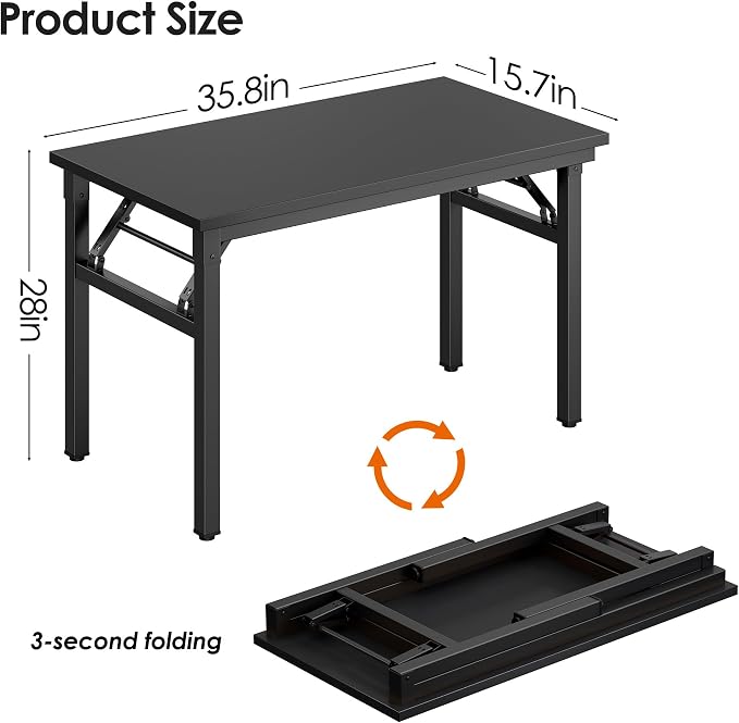 Need Office Computer Desk 35.8 Inch Sturdy Folding Laptop Table Black | Black Frame Writing Gaming Work Table/Foldable Home Office Desk/Sewing Table, No Assembly Required - Image 3