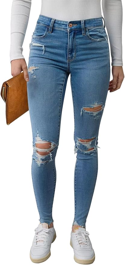 KUNMI Women's Skinny Ripped Trendy Jeans Distressed Stretchy Denim Pants by KUNMI