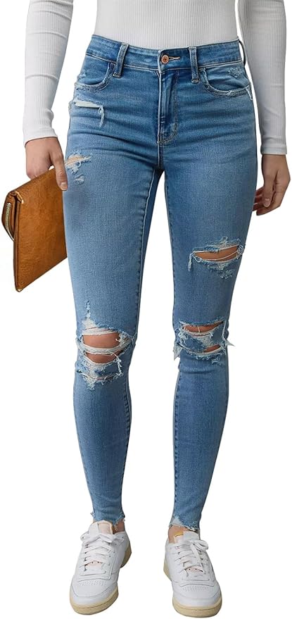 KUNMI Women's Skinny Ripped Trendy Jeans Distressed Stretchy Denim Pants by KUNMI