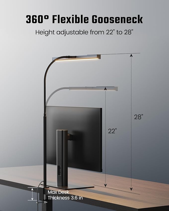 SUPERDANNY LED Desk Lamp for Office Home, Eye-Caring Desk Light with Adjustable Gooseneck, 12W Touch Control Dimmable Brightness, Architect Clamp Lamp with USB Adapter, Grey - Image 7
