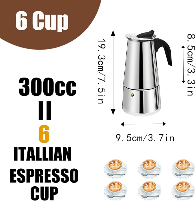 6 Cup Stovetop Espresso Maker Stainless Steel Moka Pot Stove Top Percolator Italian Coffee Makers Capable Mocha Greca Machine Cafe Classic Induction Cookers for Home and Camping 300ml 10oz - Image 3