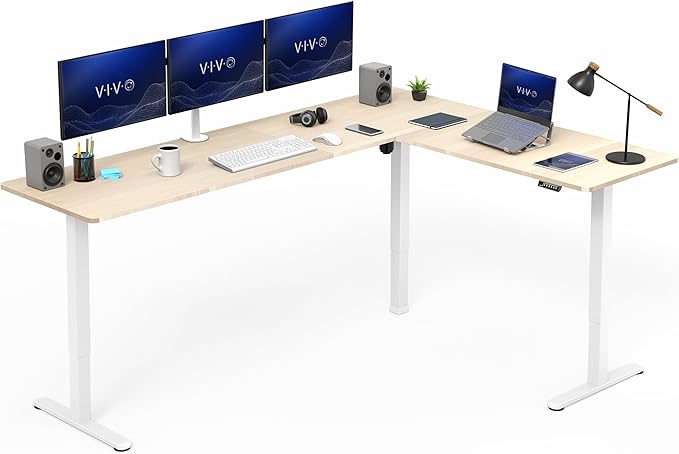 VIVO Light Wood 84 x 63 in Corner Standing Desk, DESK-E3CTWC-84 | Electric, Large Reversible L-Shaped Table, Sit Stand Height Adjustable, Memory Controller, Office Furniture Sets, Black Frame by Unknown