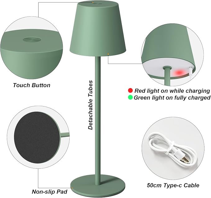 Kakanuo Cordless Table Lamp Rechargeable Green - KK 2 Pack 5000mAH Battery Operated Lamp for Dining Table, 3 Color Stepless Dimming Wireless Lamp for Counter, Outdoor Patio, Touch Control - Image 6