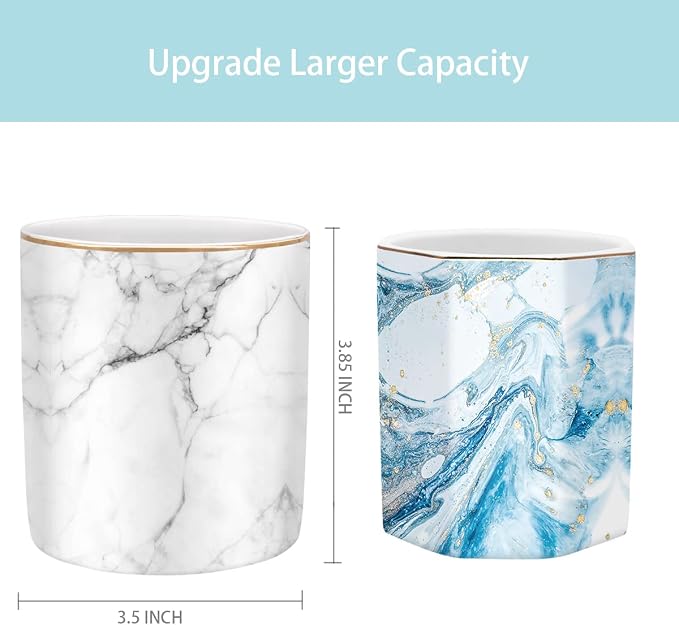 Pen Holder for Desk Cute, Modern Marble Desk Organizer, Durable Ceramic Pencil Cup, Makeup Brush Holder Cup, Multifunctional Office Stationery Holder for Women, Men, White Marble - Image 3