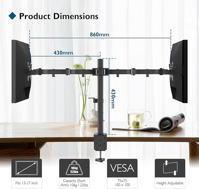 BONTEC Dual Monitor Desk Mount, 13-27 Inch, 22lbs, VESA 75x75/100x100,Black | Full Motion Adjustable Stand, Heavy Duty Arms, C Clamp and Grommet Base, Cable Management for Flexible Screen Positioning - Image 5
