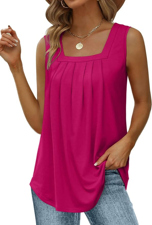 Saloogoe Summer Tank Tops for Women Loose Fit Pleated Square Neck Sleeveless Tops Curved Hem Flowy by Saloogoe