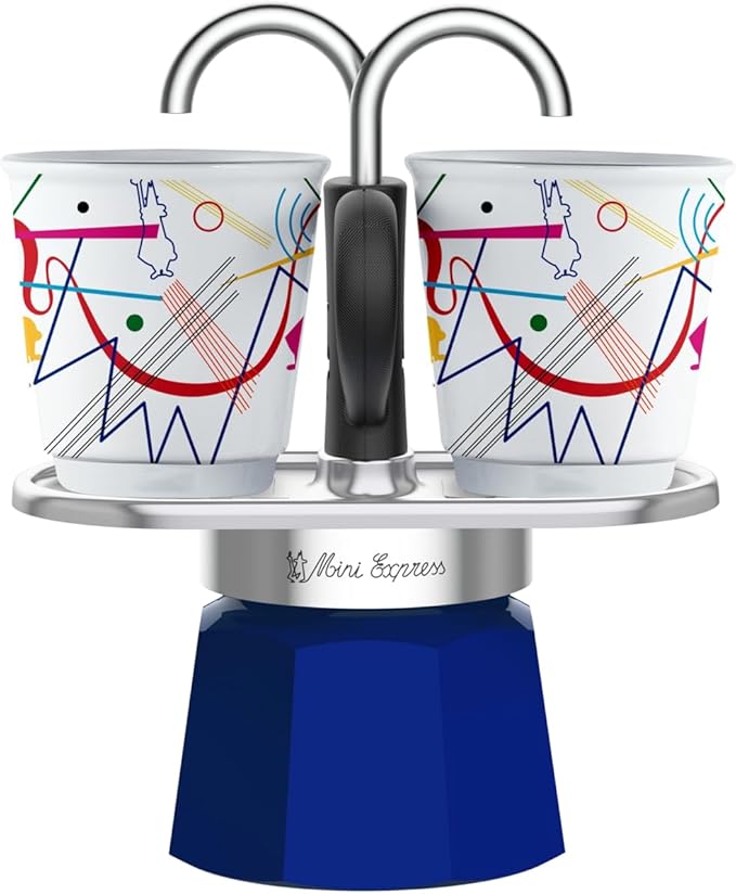 Bialetti - Mini Express Kandinsky: Moka Set includes Coffee Maker 2-Cups (2.8 Oz) + 2 shot glasses, Light Blue, Aluminum by Bialetti