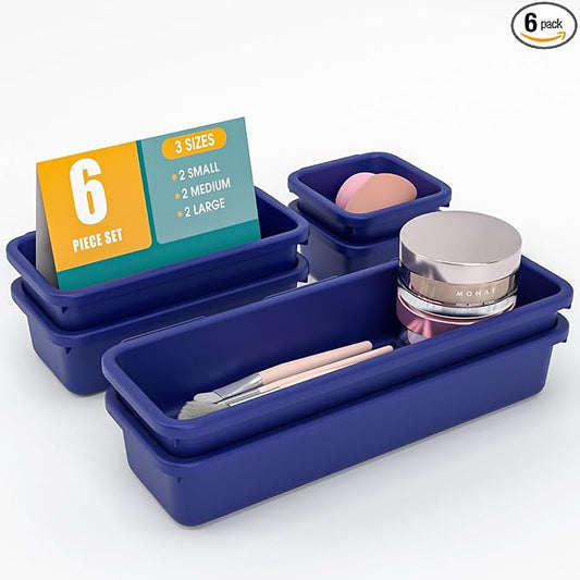 6 PCS Drawer Organizer Set, 3 Size Makeup Drawer Divider Organizer With Non-Slip Pads, Interlocking Plastic Storage Bins for Office,Jewelry Vanity,Gadgets, Bathroom,Kitchen, Navy by StoreHappily