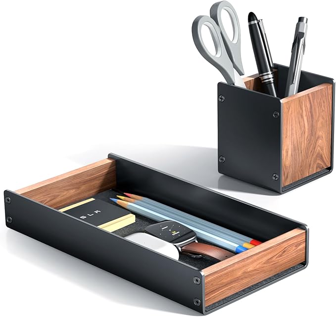 UPERGO Desk Organizer Tray Pen and Pencil Holder Set | Solid Walnut, Aluminum Accent, for Desk & Office Decor, Aesthetic Desk Accessories for Men by UPERGO