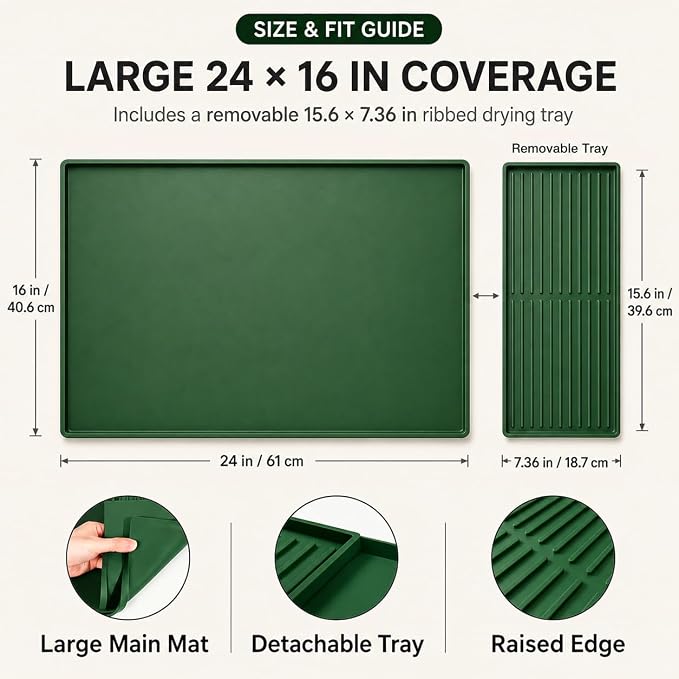 Silicone Coffee Mat 24 x 16 in with Tray, Deep Forest Green | Coffee bar mat for countertop use, coffee station mat or coffee machine mat with removable tray and 0.47 in raised rim. - Image 3